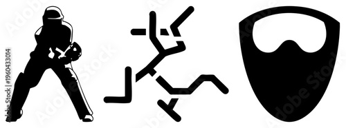 Black vector hockey player in stance, stylized abstract glyph, goalie mask. Flat design, sport graphics, isolated elements.