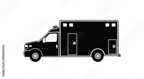 Simple black and white silhouette of an ambulance vehicle side view