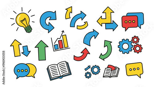 Visionary Illustrations: A collection of dynamic illustrations, featuring a bright lightbulb illuminating new concepts and ideas, intertwined with arrows indicating direction and progress.