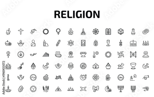 religion outline icon set. 72 linear vector for ui, web and mobile. thin line dreidel, cross, shower head and water and more icons.