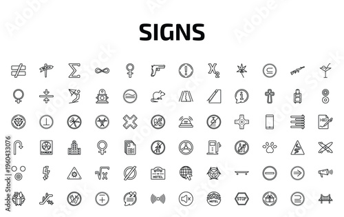 signs outline icon set. 72 linear vector for ui, web and mobile. thin line is not equal to, beach, the sum of and more icons.
