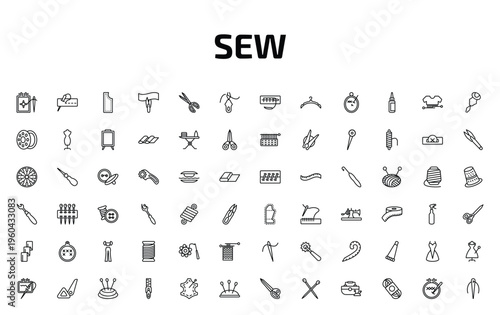 sew outline icon set. 72 linear vector for ui, web and mobile. thin line needlepoint, running stitch, material and more icons.