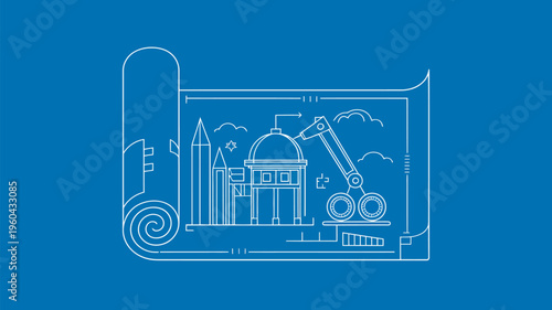 A blueprint illustration of a cityscape with iconic buildings and construction equipment