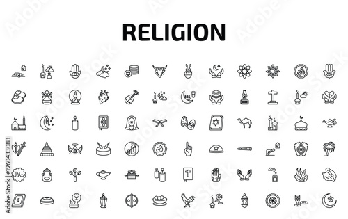 religion outline icon set. 72 linear vector for ui, web and mobile. thin line sujud posture, fajr dawn prayer, hamsa and more icons.