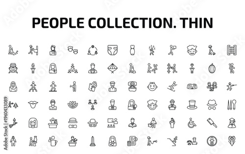 people collection. thin outline icon set. 72 linear vector for ui, web and mobile. thin line sweeper working, man shaving, aviation and more icons.