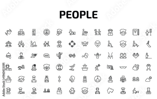 people outline icon set. 72 linear vector for ui, web and mobile. thin line waving goodbye, lesbian couple, snuggle and more icons.