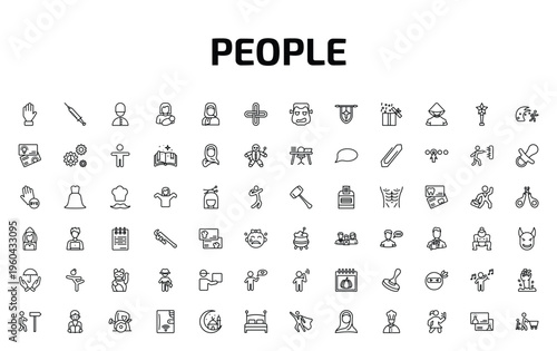 people outline icon set. 72 linear vector for ui, web and mobile. thin line slap, syrnge, queens guard and more icons.