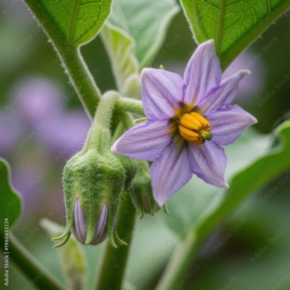 Obraz premium Delicate Purple Solanum Flower Blooms With Bud Macro Detail