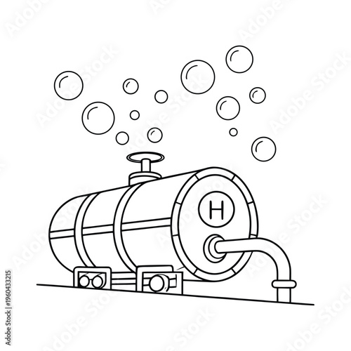 A black and white line art illustration of a hydrogen fuel tank with bubbles rising from the top