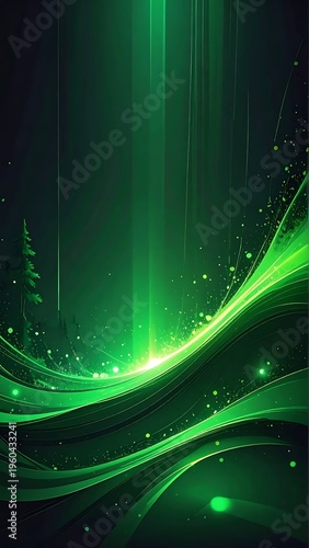 A vibrant green abstract design with glowing lines and particles on a dark background