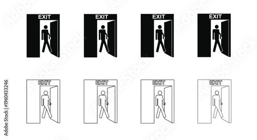 Four sets of exit signs depicting a person walking through a doorway