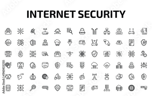 internet security outline icon set. 72 linear vector for ui, web and mobile. thin line email security, private network, medical research and more icons.