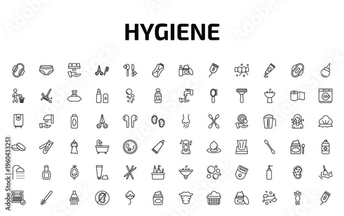 hygiene outline icon set. 72 linear vector for ui, web and mobile. thin line sanitary napkin, underwear, hand dryer and more icons.
