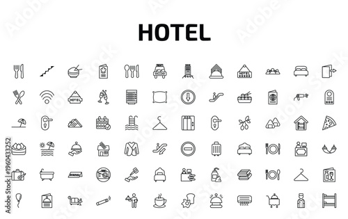hotel outline icon set. 72 linear vector for ui, web and mobile. thin line cutlery, stairway, rice and more icons.