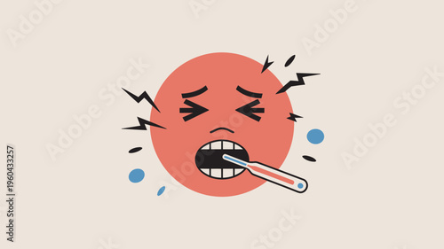 A cartoon face with a thermometer in its mouth showing symptoms of illness and fever.