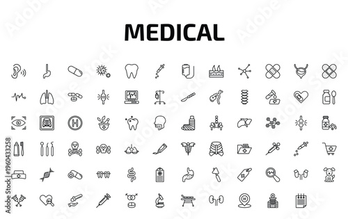 medical outline icon set. 72 linear vector for ui, web and mobile. thin line ear, esophagus, medical pill and more icons.