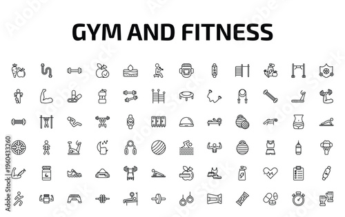gym and fitness outline icon set. 72 linear vector for ui, web and mobile. thin line carrot and, chest expanders, exercising dumbbell more icons.