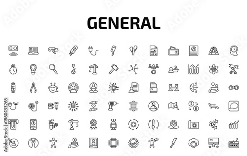 general outline icon set. 72 linear vector for ui, web and mobile. thin line active sensor, hr software, in-game advertising and more icons.