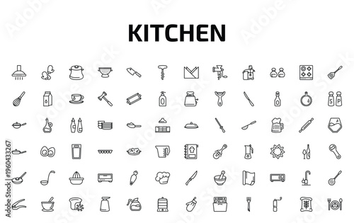 kitchen outline icon set. 72 linear vector for ui, web and mobile. thin line extractor hood, mitten, cooking pot and more icons.
