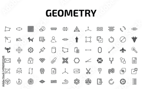 geometry outline icon set. 72 linear vector for ui, web and mobile. thin line distort, ellipse, grids and more icons.