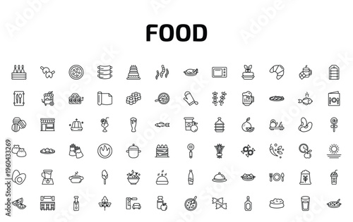 food outline icon set. 72 linear vector for ui, web and mobile. thin line wine bottles in a box, fortune cookie, mapo tofu and more icons.