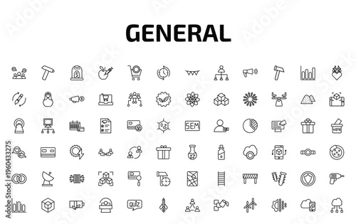 general outline icon set. 72 linear vector for ui, web and mobile. thin line group opinion, nail puller, business incubator and more icons.