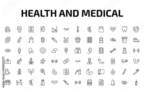 health and medical outline icon set. 72 linear vector for ui, web and mobile. thin line nutrition, patient robe, medical report and more icons.