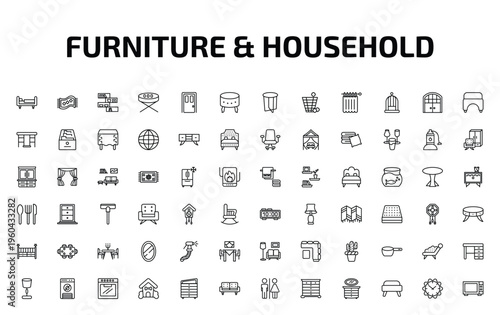 furniture & household outline icon set. 72 linear vector for ui, web and mobile. thin line daybed, rugs, shelf and more icons.