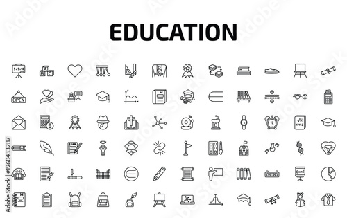 education outline icon set. 72 linear vector for ui, web and mobile. thin line math class, baby abc cubes, love and more icons.