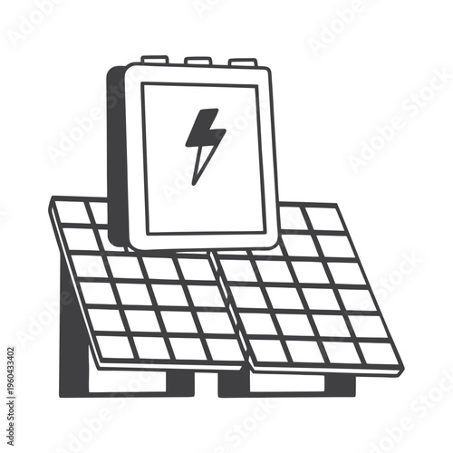 A minimalist black and white graphic illustration of a solar panel system with a charging unit