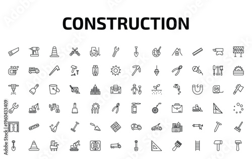 construction outline icon set. 72 linear vector for ui, web and mobile. thin line carpenter saw, nail gun, road construction and more icons.