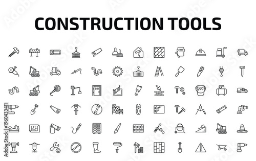 construction tools outline icon set. 72 linear vector for ui, web and mobile. thin line screw, road barrier, metal saw and more icons.