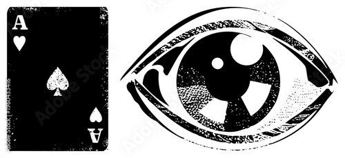 Vintage playing card Ace of Spades, black and white graphic, eye motif, symbolic design, tarot inspired, occult, vector illustration.