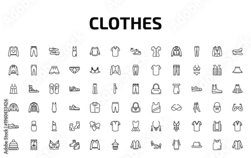 clothes outline icon set. 72 linear vector for ui, web and mobile. thin line sweatshirt, sweatpants, loafer and more icons.