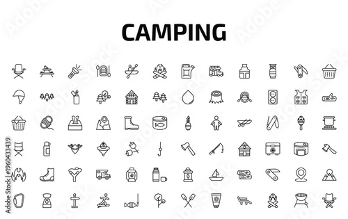 camping outline icon set. 72 linear vector for ui, web and mobile. thin line chair, camp table, flashlight and more icons.