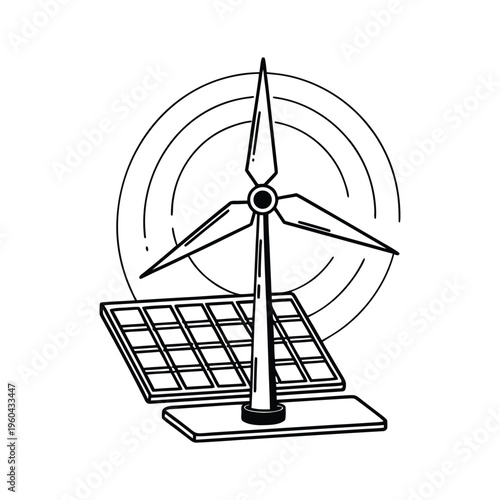 A simple black and white line art illustration representing renewable energy and green technology