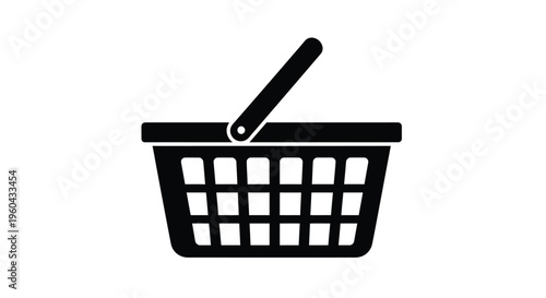 Simple black and white icon depicting a woven picnic basket with handle