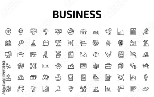 business outline icon set. 72 linear vector for ui, web and mobile. thin line return of investment, hair salon, hash rate and more icons.