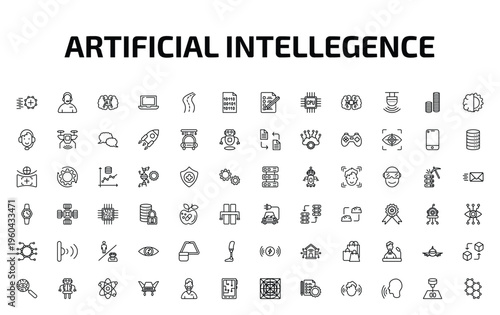 artificial intellegence outline icon set. 72 linear vector for ui, web and mobile. thin line match moving, assistant, artificial intelligence and more icons.