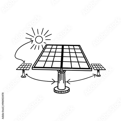 A simple black and white line drawing of a solar panel system with arrows depicting energy flow