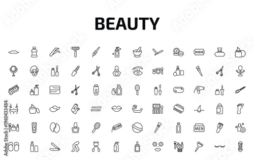 beauty outline icon set. 72 linear vector for ui, web and mobile. thin line big moustache, mouthwash, tweezers and more icons.