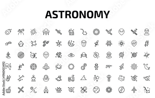 astronomy outline icon set. 72 linear vector for ui, web and mobile. thin line comet, big telescope, supernova and more icons.
