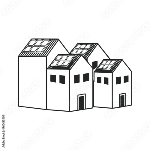 A minimalist black and white line art illustration of three houses featuring rooftop solar panels