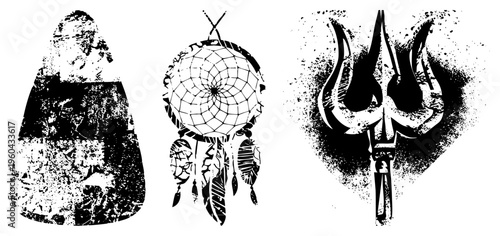 Tribal dreamcatcher with feathers, totem pole silhouette, trident weapon, black and white halftone style, spiritual symbols, cultural artifacts, graphic design elements.