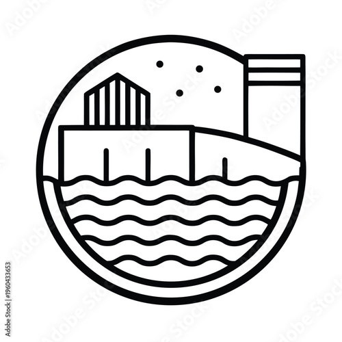 A minimalist circular outline icon showing a industrial building structure situated by the water