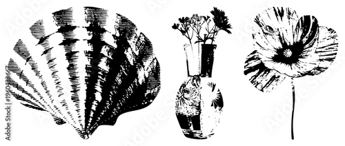 Black and white halftone illustrations of, vase, and poppy flower, stylized vector art, graphic design elements, textures.