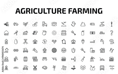 agriculture farming outline icon set. 72 linear vector for ui, web and mobile. thin line farm products, pickup, legume and more icons.