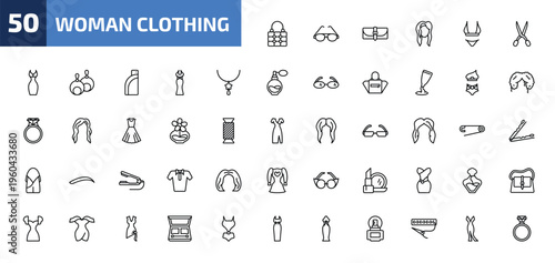 woman clothing outline icon set. 50 linear vector for ui, web and mobile. thin line fashionable hand bag, round eyeglasses, female wallet and more icons.