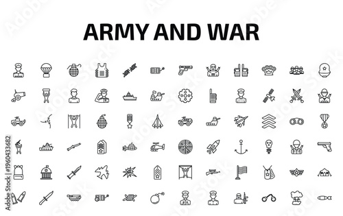 army and war outline icon set. 72 linear vector for ui, web and mobile. thin line lieutenant, parachute, granade and more icons.