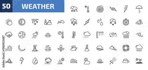 weather outline icon set. 50 linear vector for ui, web and mobile. thin line blizzard, cold, isobars and more icons.